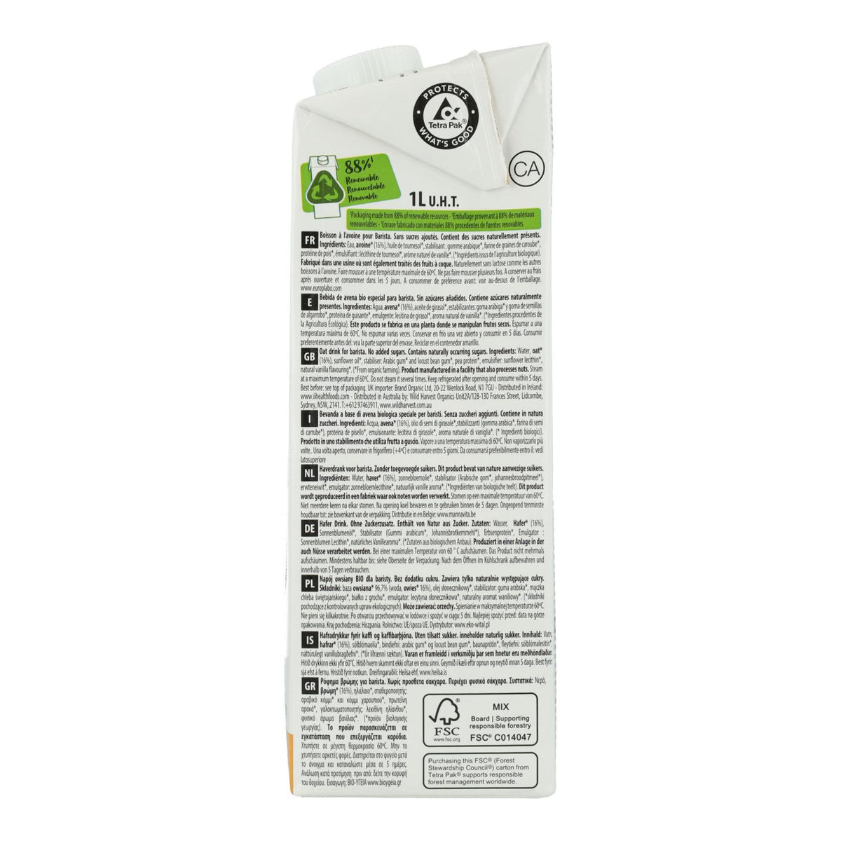 Bebida vegetal Barista Avena BIO EcoMil 1 L