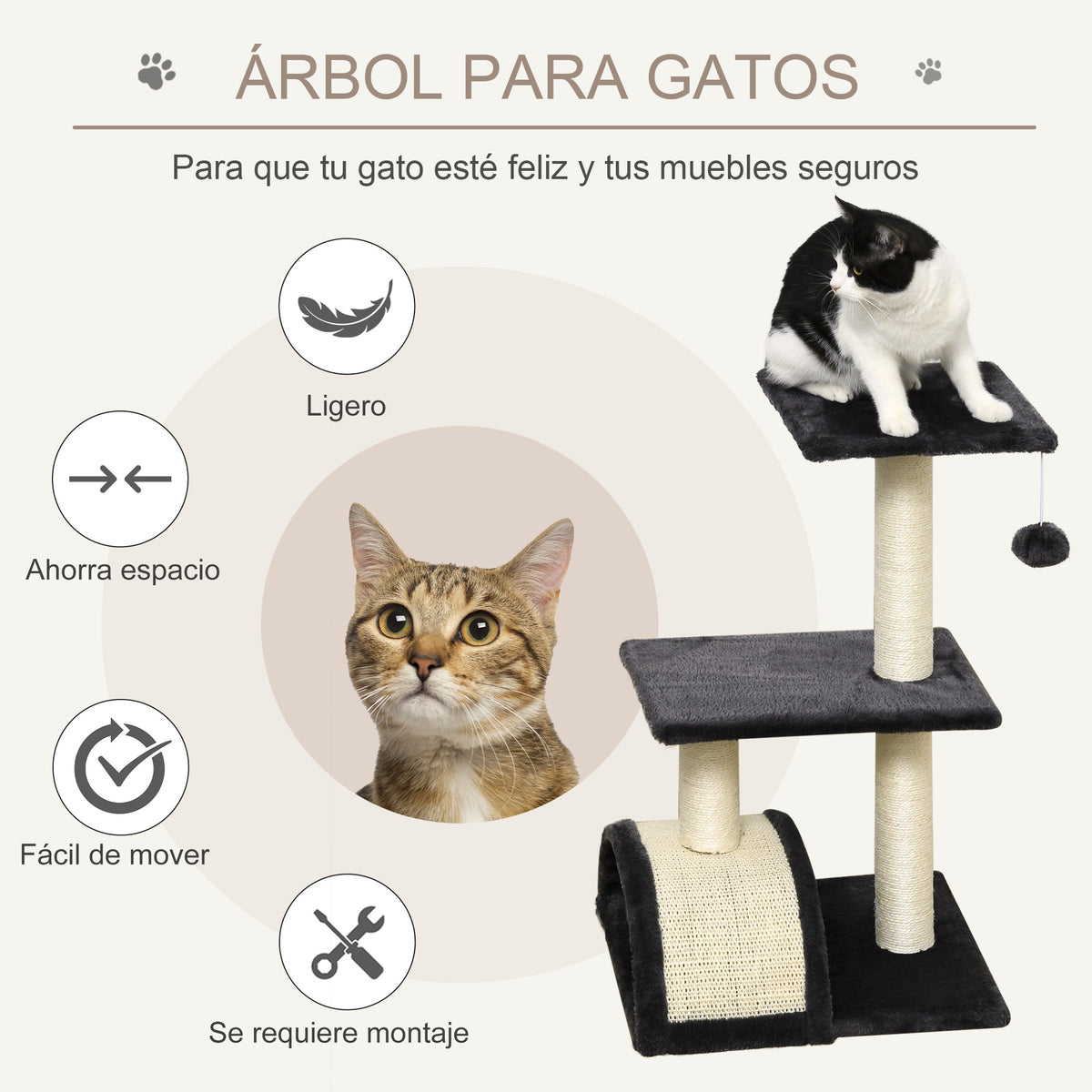 Pawhut Rascador Para Gatos Medianos Con Postes De Sisal Y Plataformas Gris_3