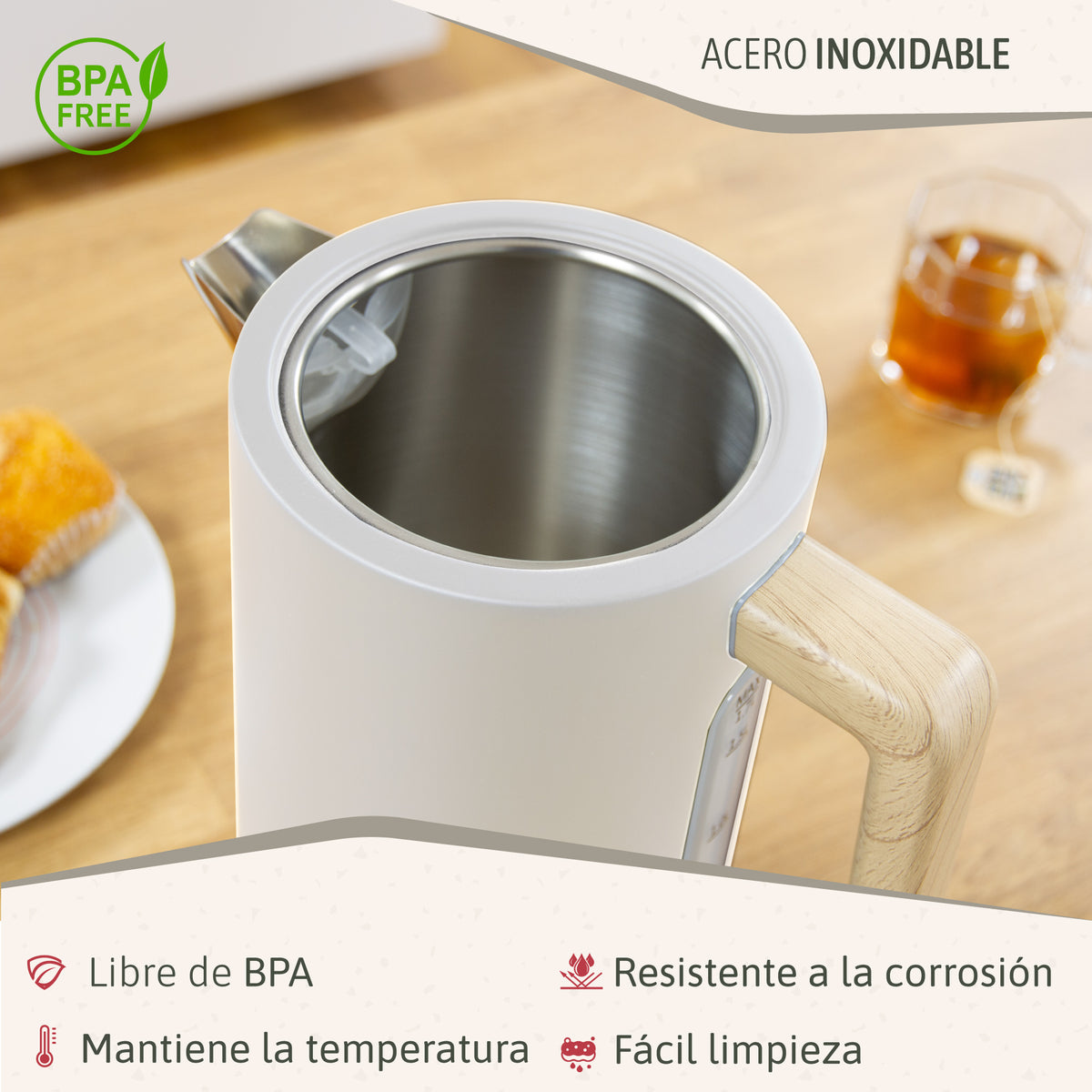 Briebe Nordic Hervidor Agua Eléctrico 1,7l Inalámbrico Ebullición Rápida, Libre De Bpa, Base De 360°, Kt1165wht, Blanco_4