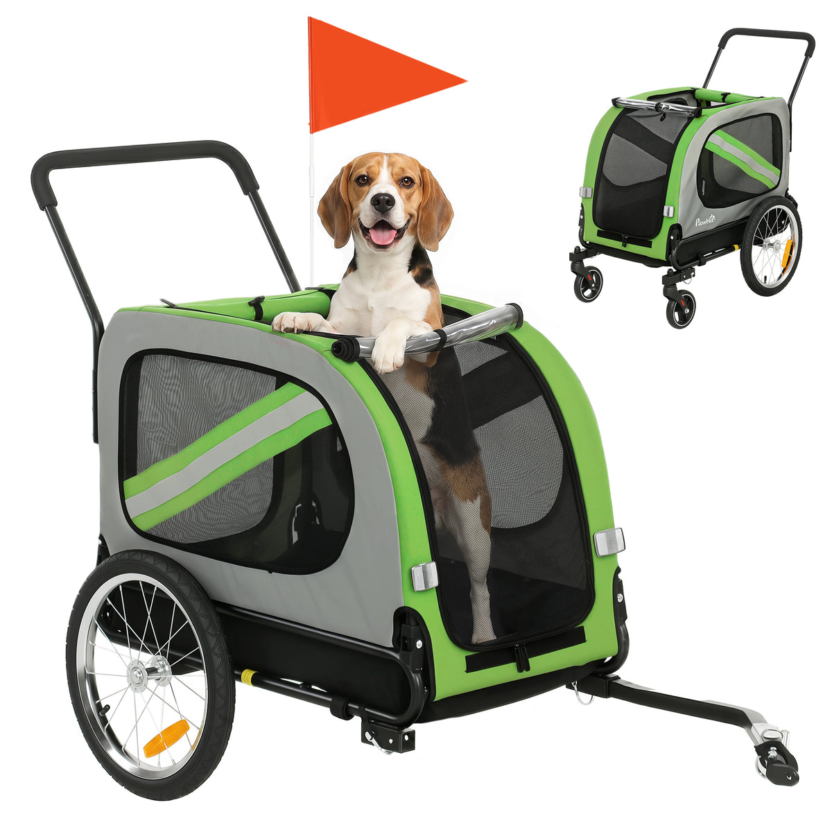 Pawhut Remolque De Bicicleta Para Perros 2 En 1 Con Arnés De Seguridad Verde_0