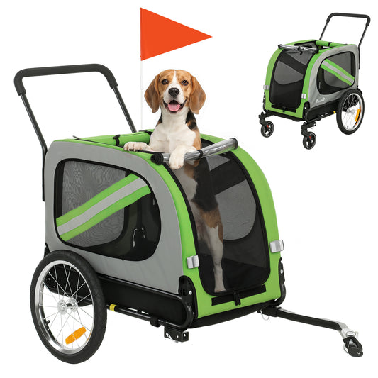 Pawhut Remolque De Bicicleta Para Perros 2 En 1 Con Arnés De Seguridad Verde_0