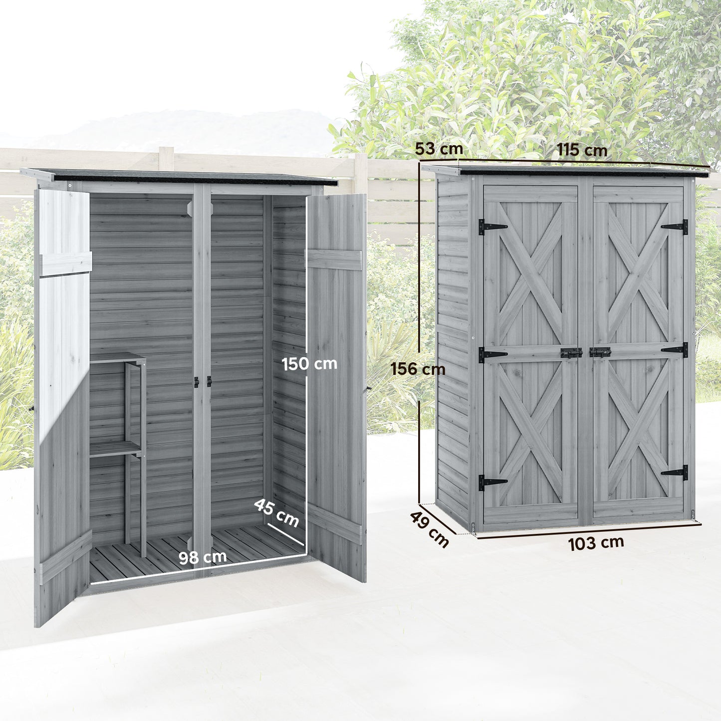 Outsunny Caseta De Jardín De Madera 115x53x156 Cm Con 2 Estantes Y 2 Puertas_2