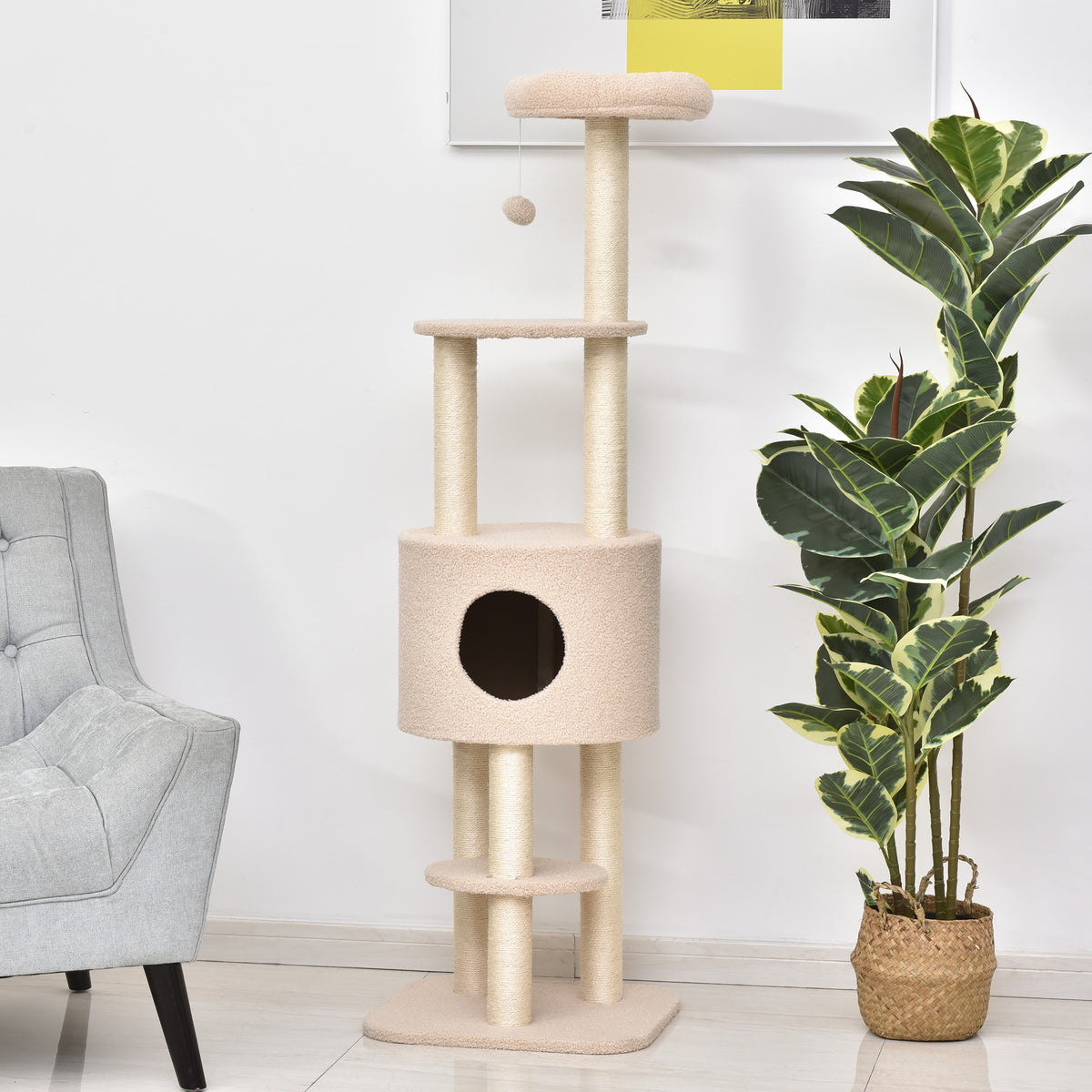 Pawhut Árbol Para Gatos Altura 148 Cm Con Postes De Sisal Y 3 Plataformas Beige_1