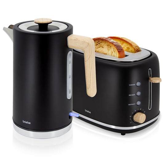 Briebe Nordic Set Tostadora Pan Ranura Ancha 2 Rebanadas + Hervidor Agua Eléctrico 1,7l Inalámbrico, Skt1167blk, Negro_0