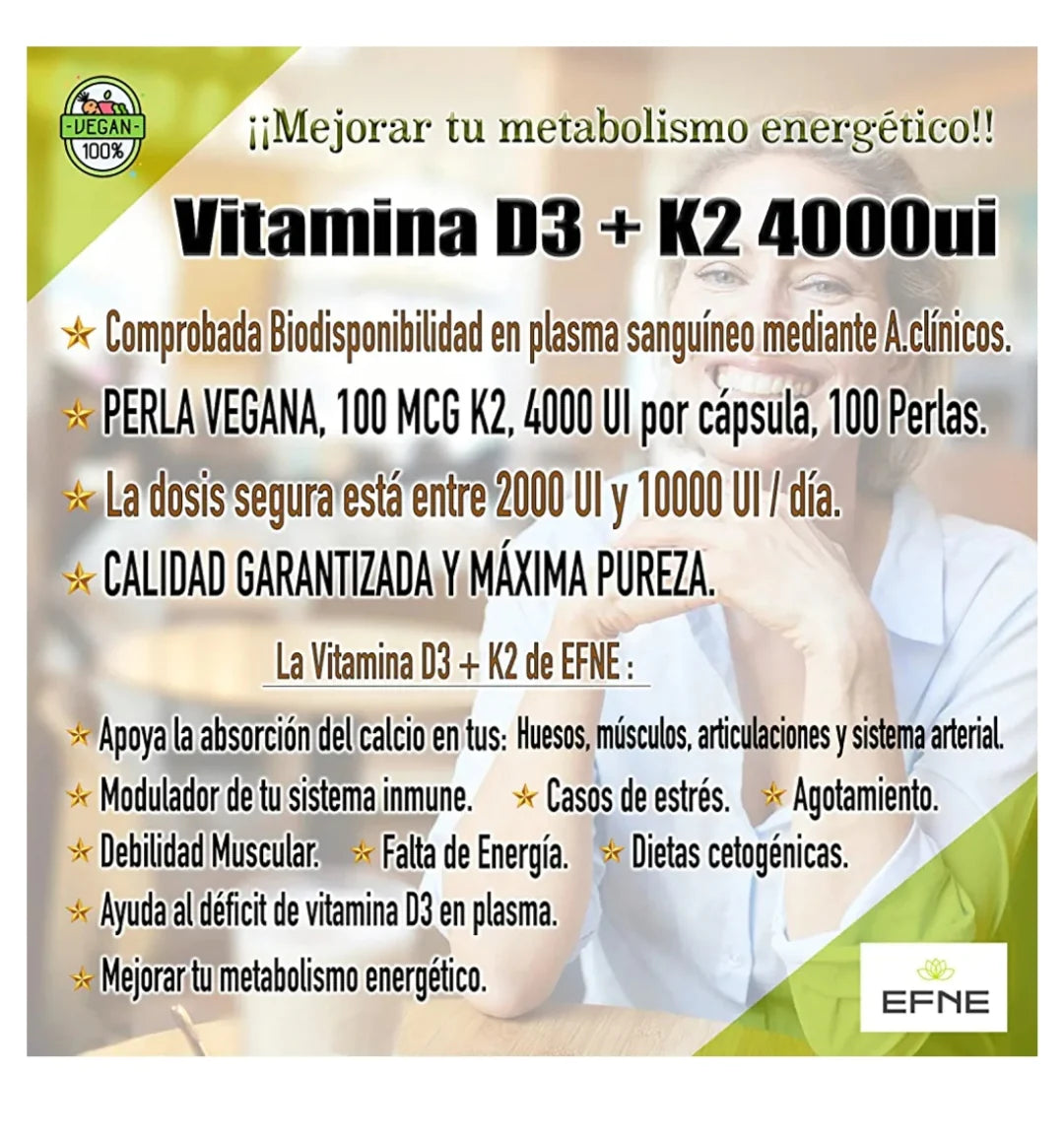 Vitamina D3 + K2 Efne 4000ui Con Mk-7 Natural ( Extracto De Natto ) (sistema Inmune Top, Apatía, Cansancio)_1