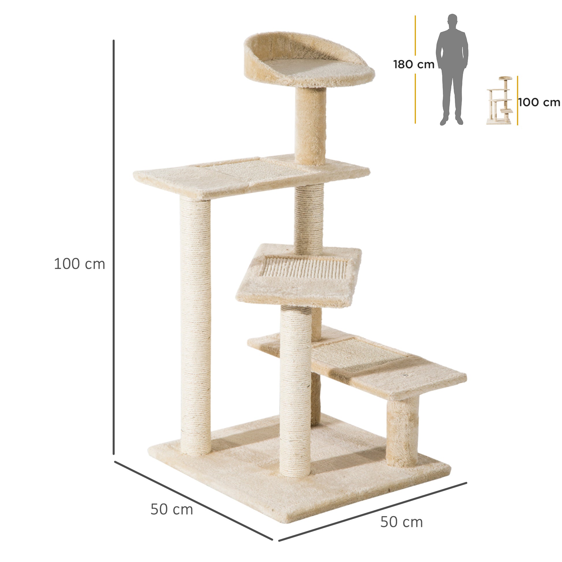 Pawhut Árbol Para Gato Rascador Grande 50x50x100 Cm Con Poste Cama Plataformas_2