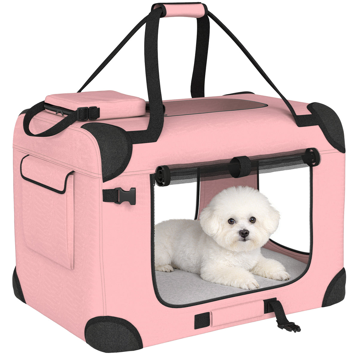 Pawhut Transportín Perro Gato Plegable 60x41,5x41 Cm Con Puertas Cojín Rosa_0