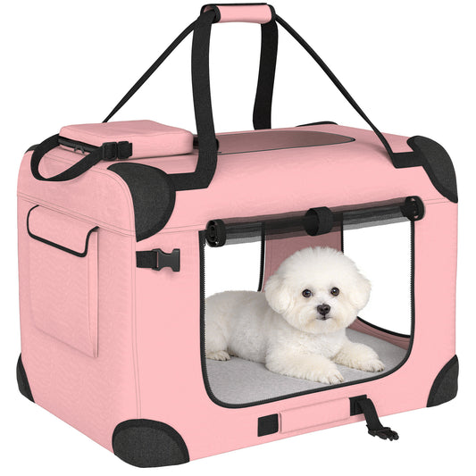 Pawhut Transportín Perro Gato Plegable 60x41,5x41 Cm Con Puertas Cojín Rosa_0