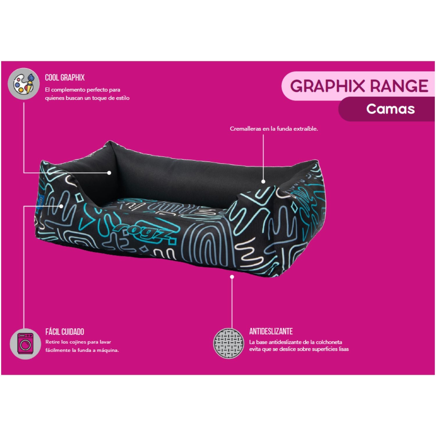 Cama Para Perro Rogz Graphix 76x51x26cm Estampado Arcos Talla M (12-22kg)_1