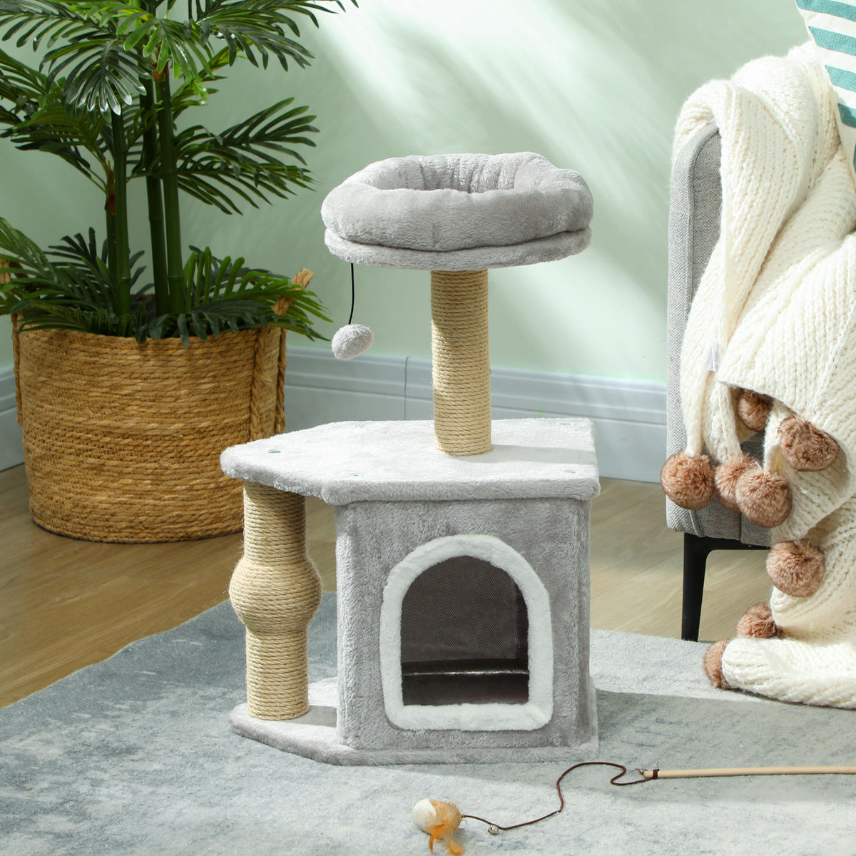 Pawhut Árbol Rascador Para Gatos Altura 66 Cm Con Cama Poste De Yute Gris Claro_1