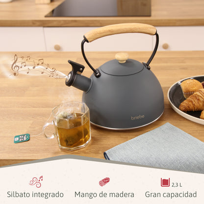 Briebe Tetera Con Silbato, Hervidor De Agua 2,3l, Inducción, Acero Inox, Vintage, Mango Madera, Nordic, Gris_1