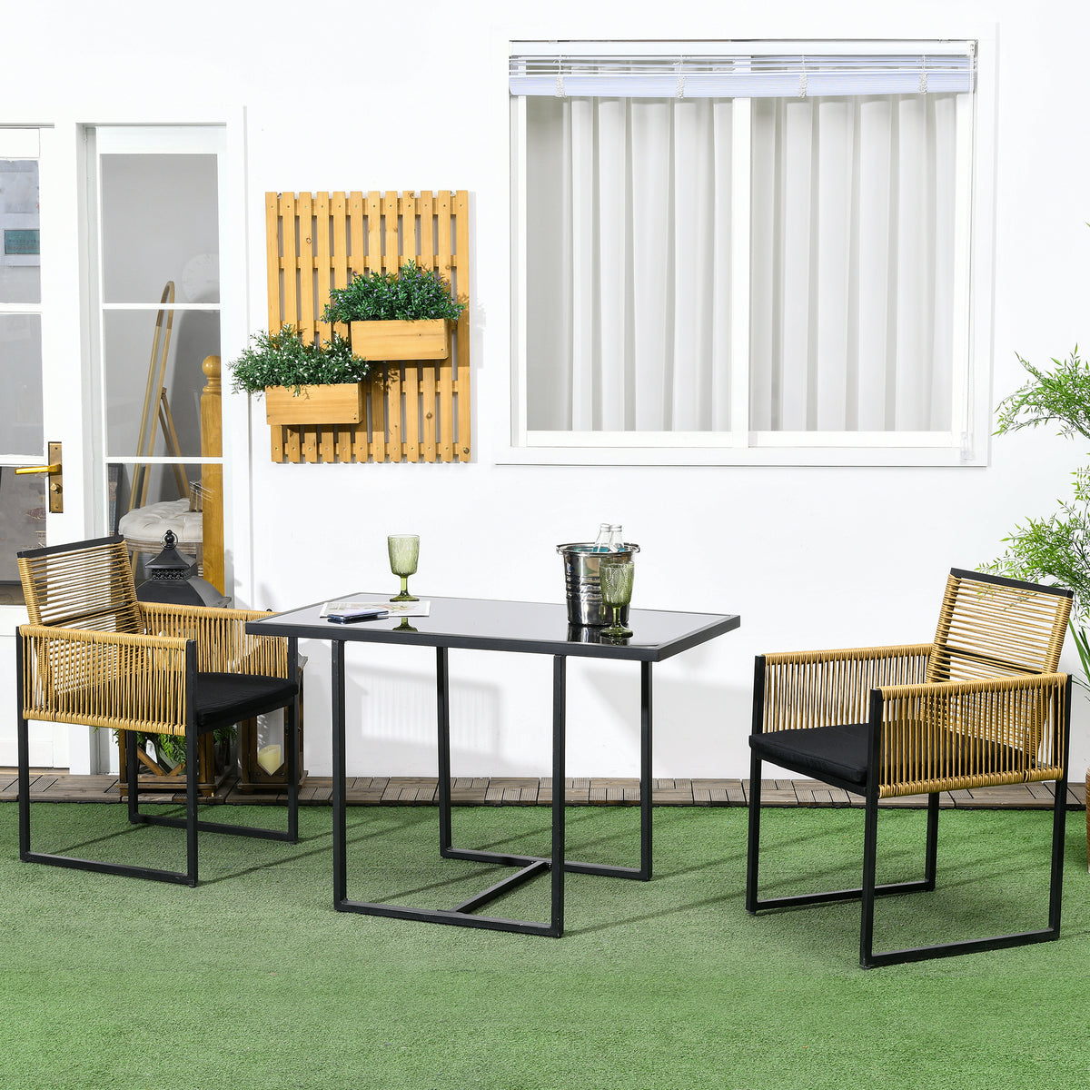 Outsunny Conjunto De Mesa Y Sillas De Jardín Exterior De 3 Piezas Natural Negro_1
