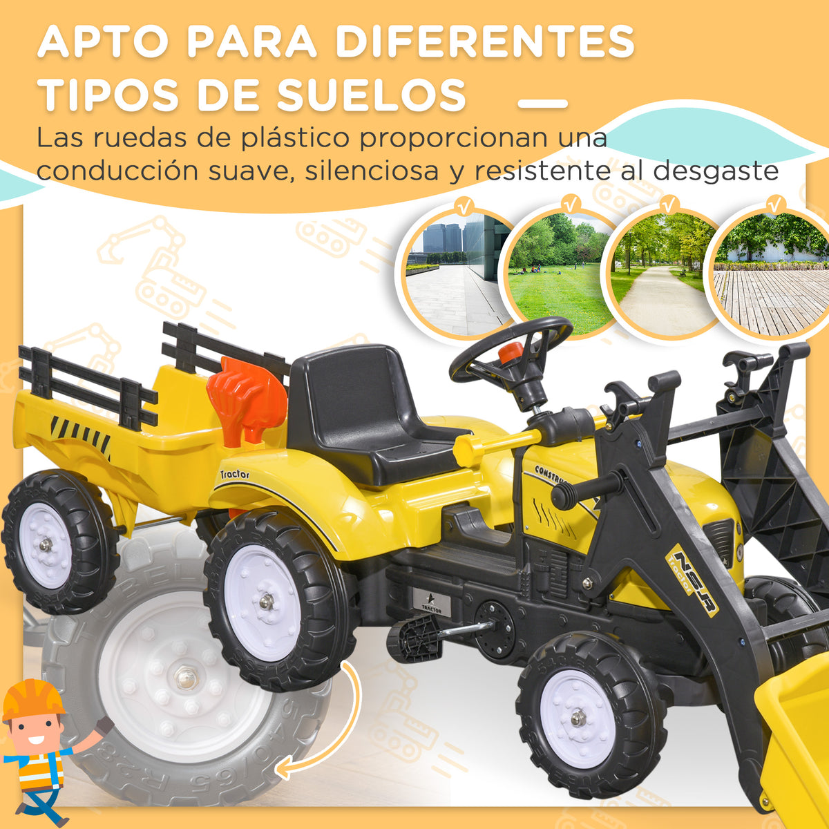 Homcom Tractor A Pedales Para Niños De 3 Años Con Remolque 167x41x52 Cm Amarillo_5