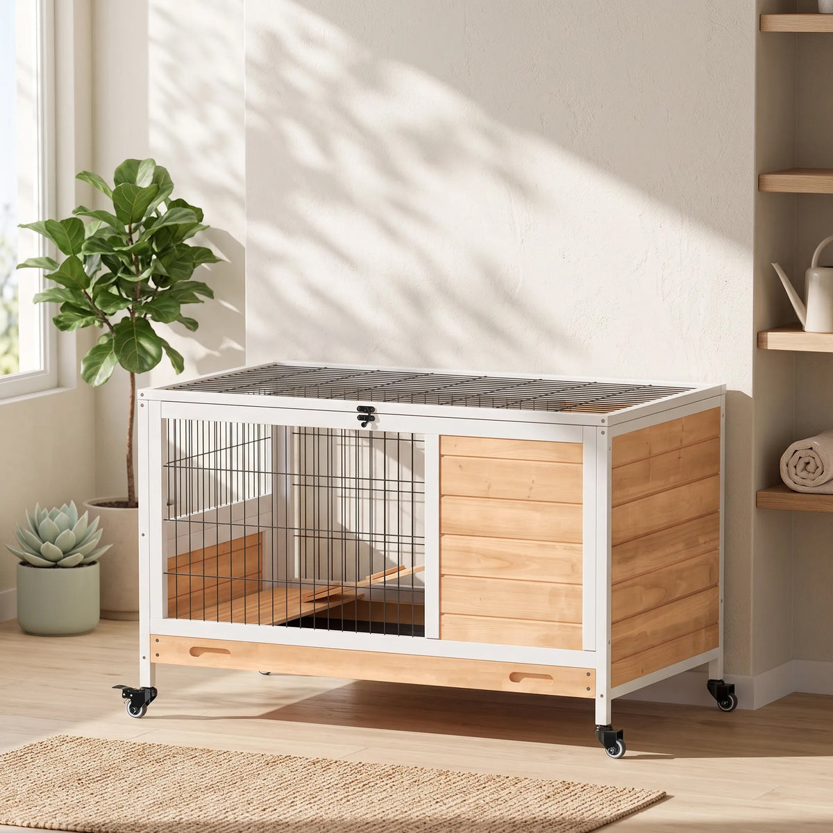 Pawhut Jaula Para Conejos De Madera 90x53x59cm Techo Abrible Rampa Bandeja_3
