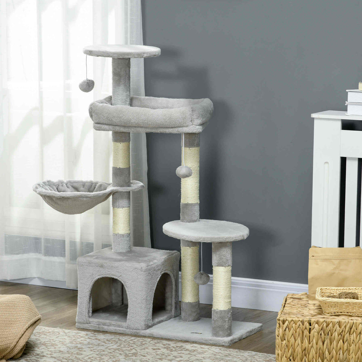 Pawhut Rascador Para Gatos Con Postes Cueva Plataformas Y Bolas Gris Claro_1