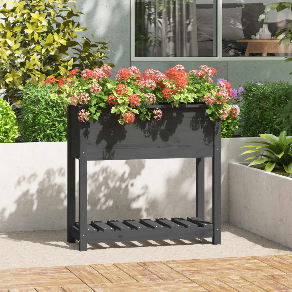 Jardinera Con Estante Madera Maciza Pino Gris 82,5x34,5x81 Cm_1