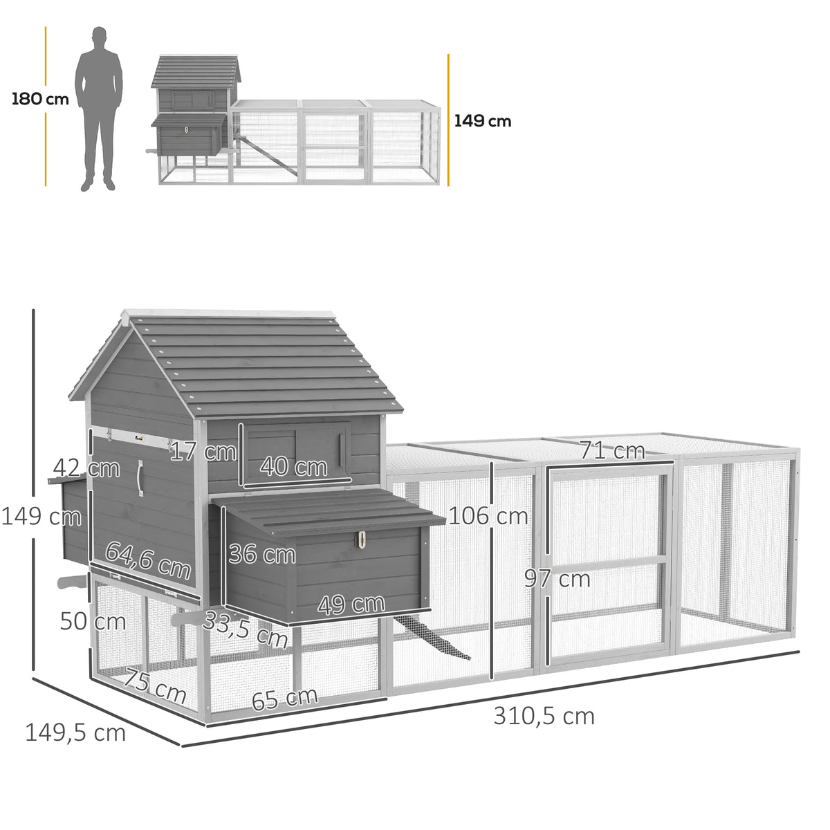 Pawhut Gallinero Grande De Madera 310,5x149,5x149 Cm Para 4-6 Gallinas Gris_2