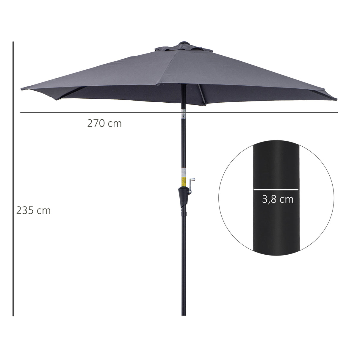 Outsunny Sombrilla De Jardín Ø260x235cm Reclinable Con Manivela 6 Varillas Gris_2