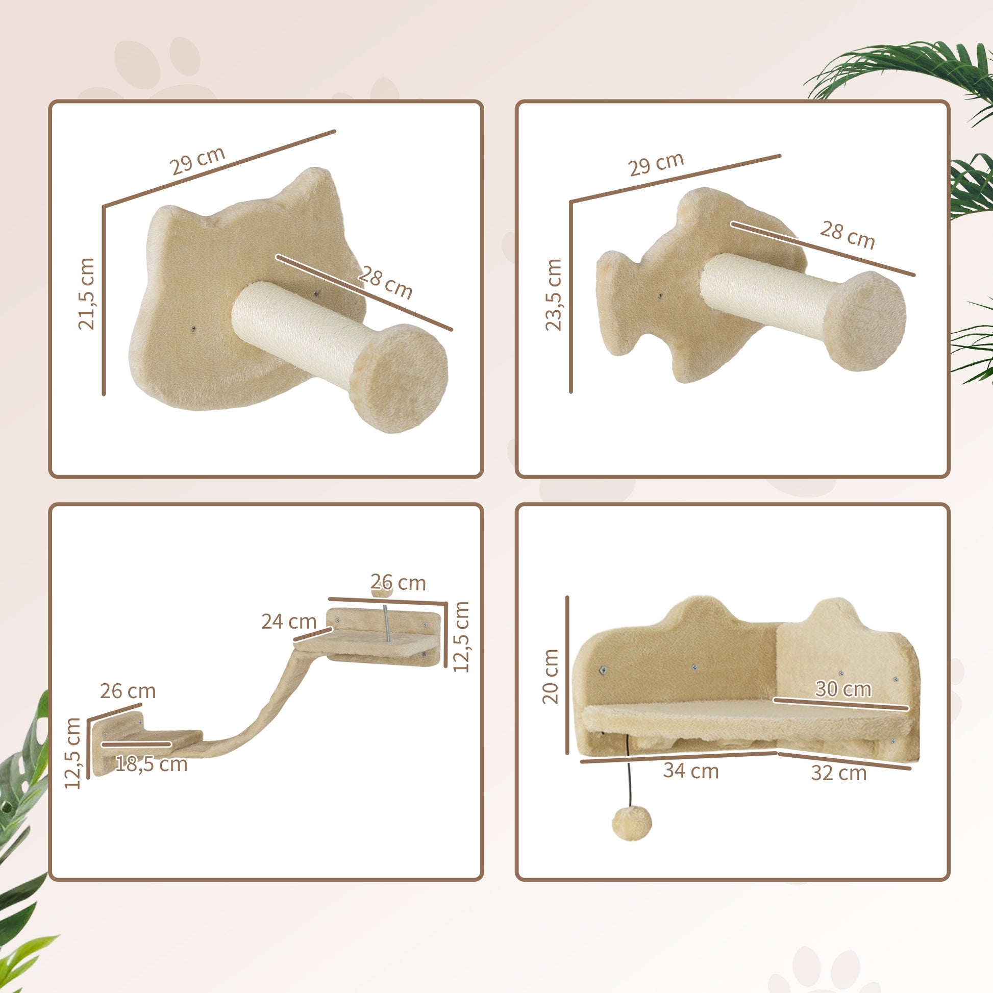 Pawhut Juego De Estanterías Para Gatos De 4 Piezas De Pared Beige_2