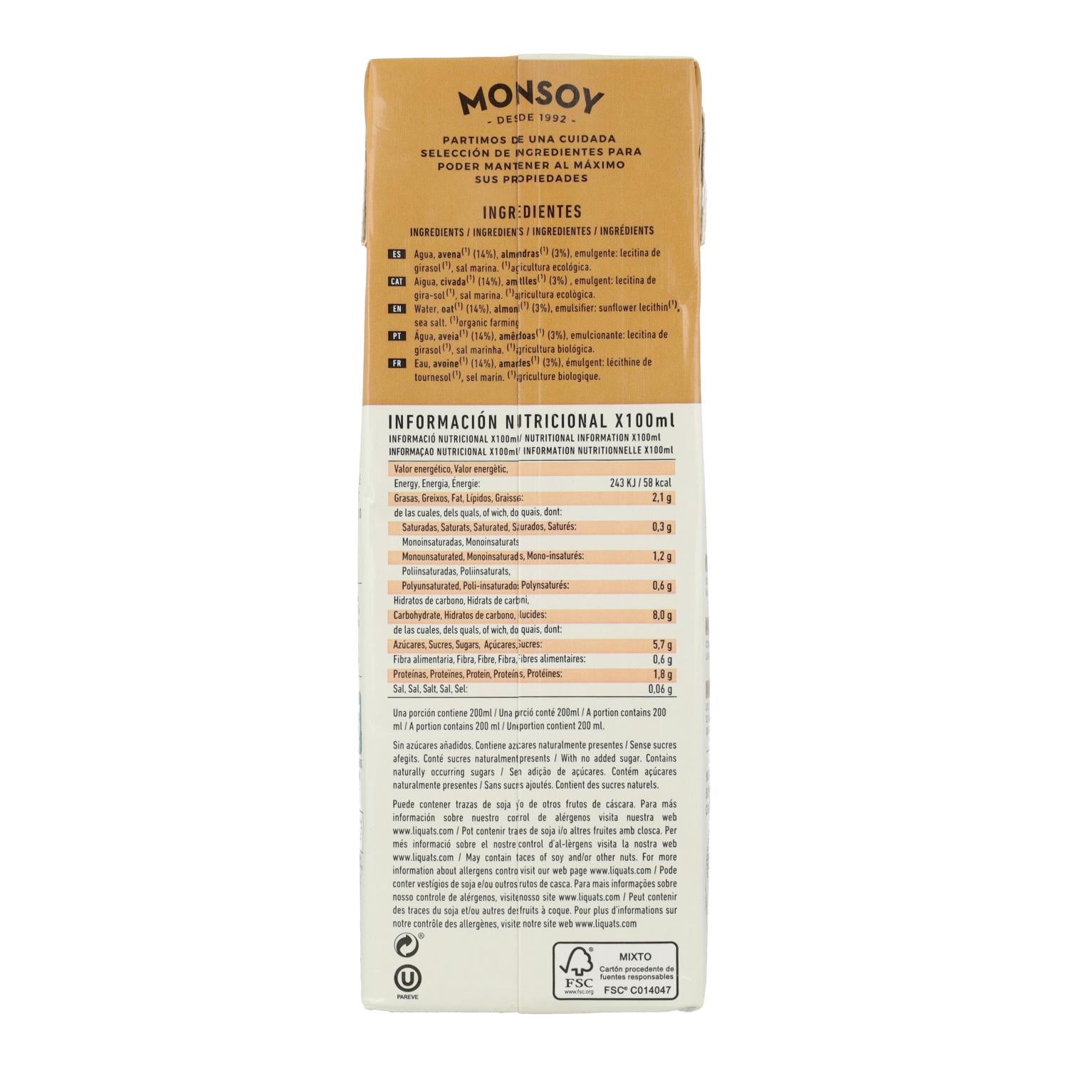 Bebida BIO de avena y almendra Monsoy 1 L