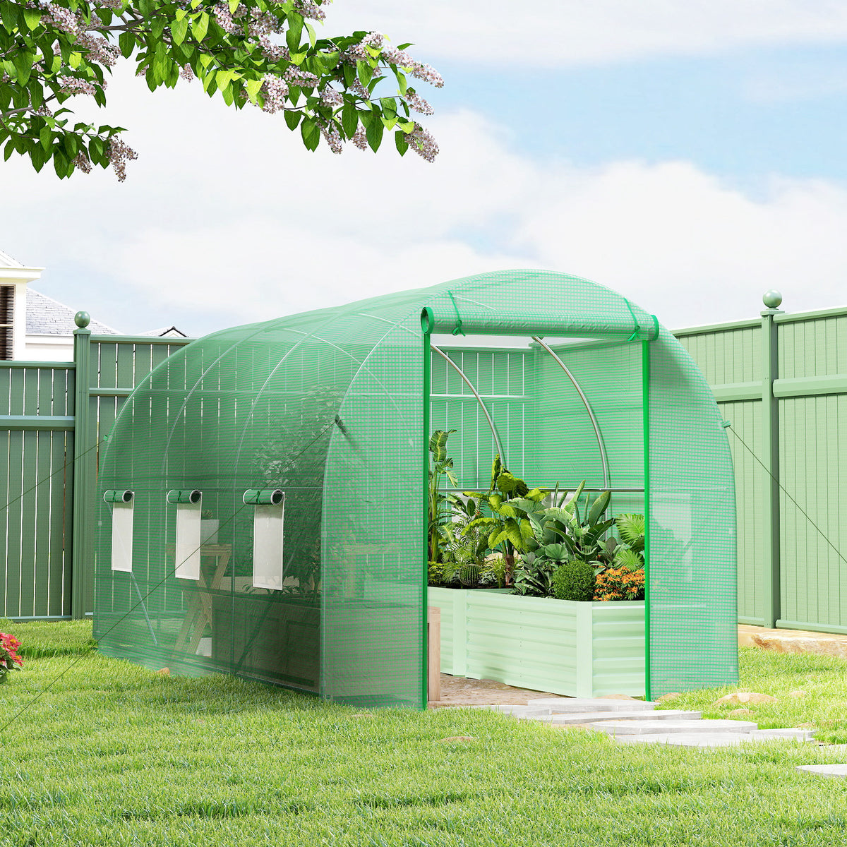 Outsunny Invernadero Túnel 400x200x200cm Con 6 Ventanas Cultivo Plantas Verde_1