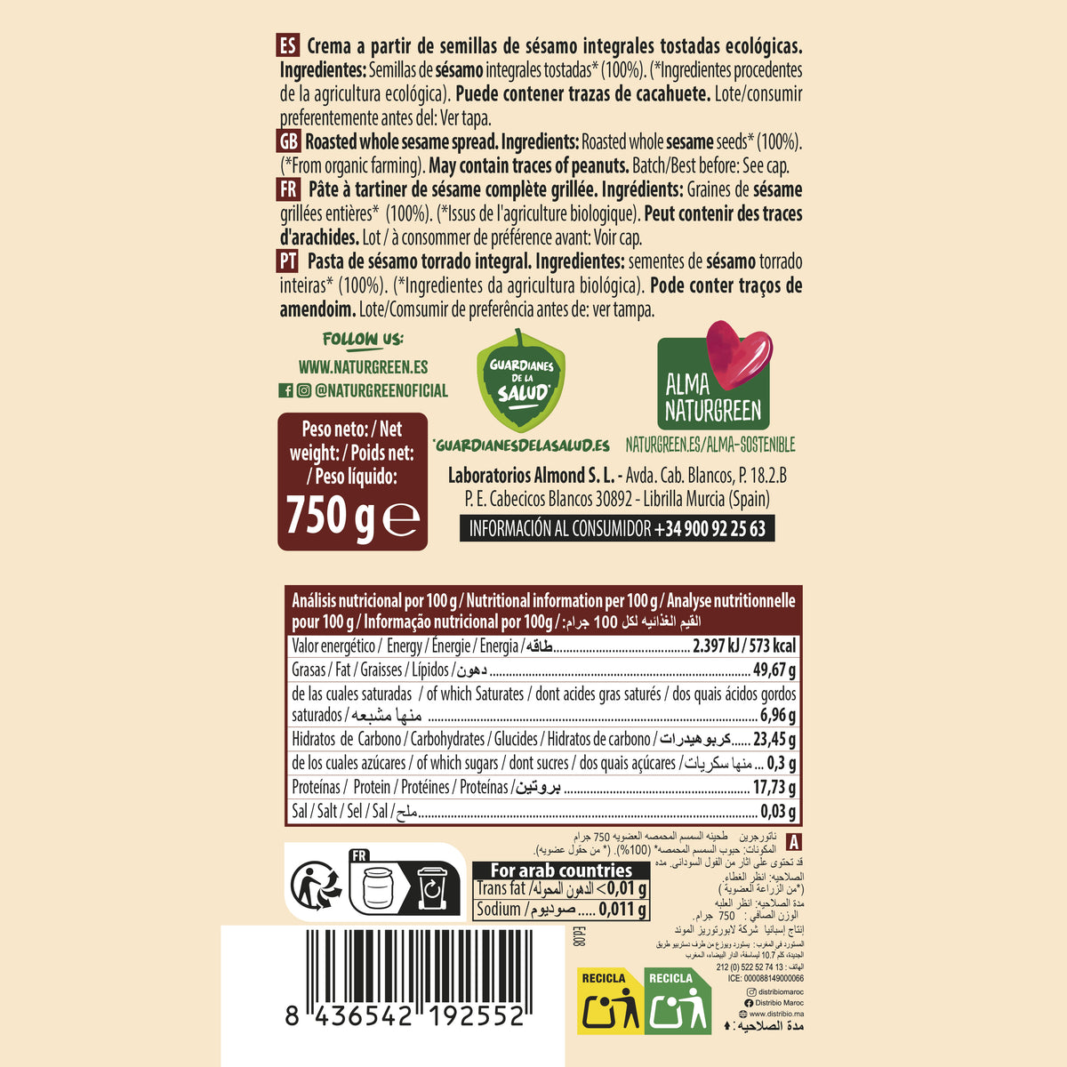 Pack 2x Tahin Tostado Naturgreen de 750 g
