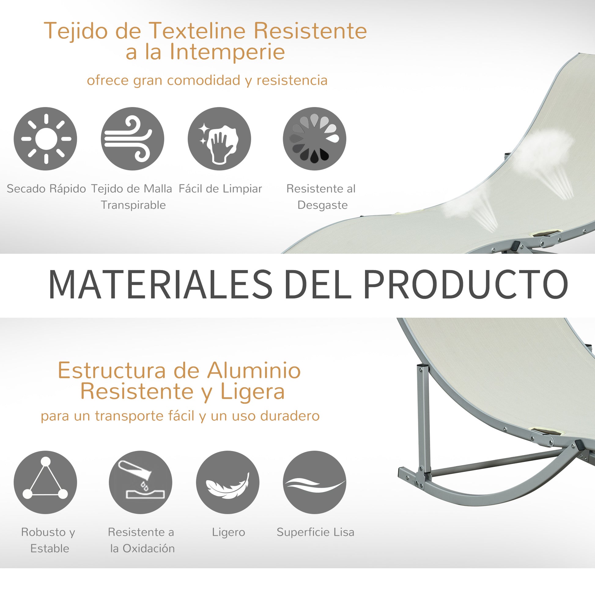 Outsunny 2 Tumbonas Plegables Forma De S Aluminio Texteline Para Terraza Crema_5