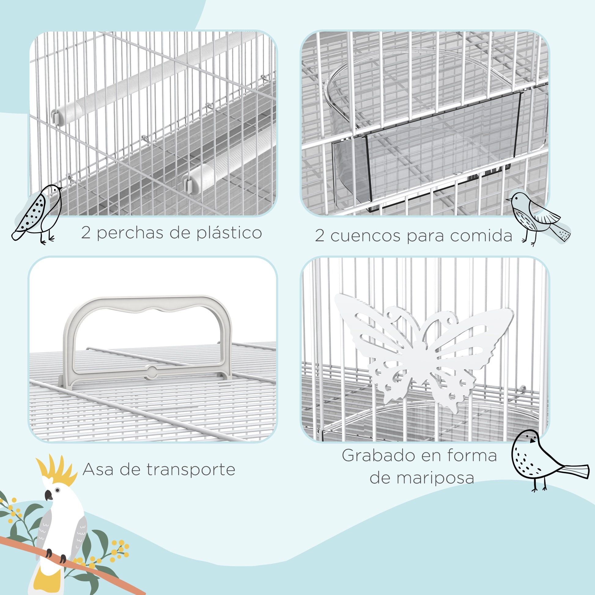 Pawhut Jaula Para Pájaros De Metal 60x41x41 Cm Con Comederos Y 2 Perchas Blanco_5