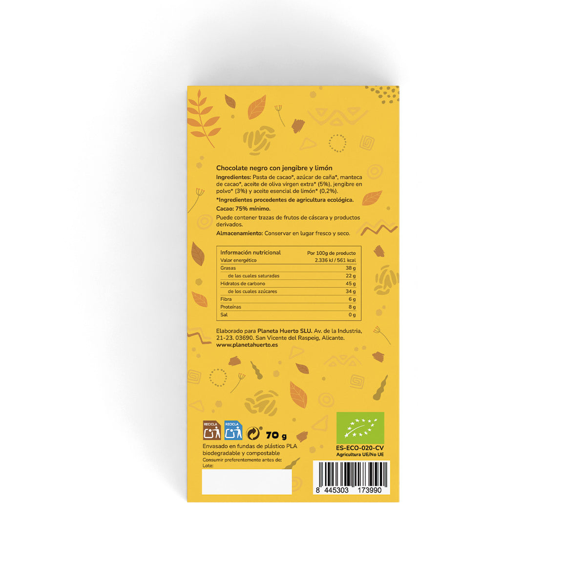 Tableta chocolate negro 75% con jengibre y limón ECO Planeta Huerto 70 gr