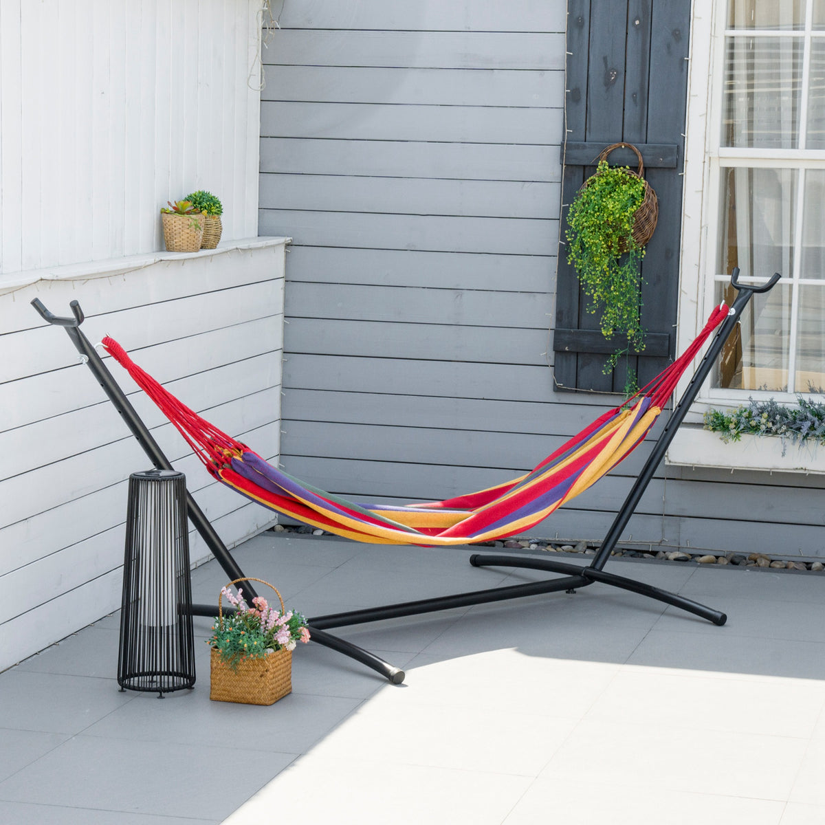 Outsunny Hamaca Con Soporte De Acero Con Altura Ajustable 200x150 Cm Multicolor_1