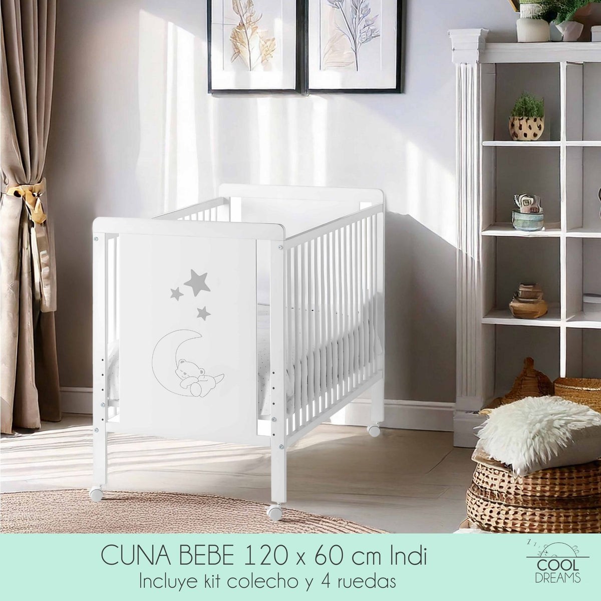 Cuna Colecho De Bebé Indi Estilo Nórdico Infantil 120x60 Cm, De Madera De Haya, Con Kit Colecho Incluido_4