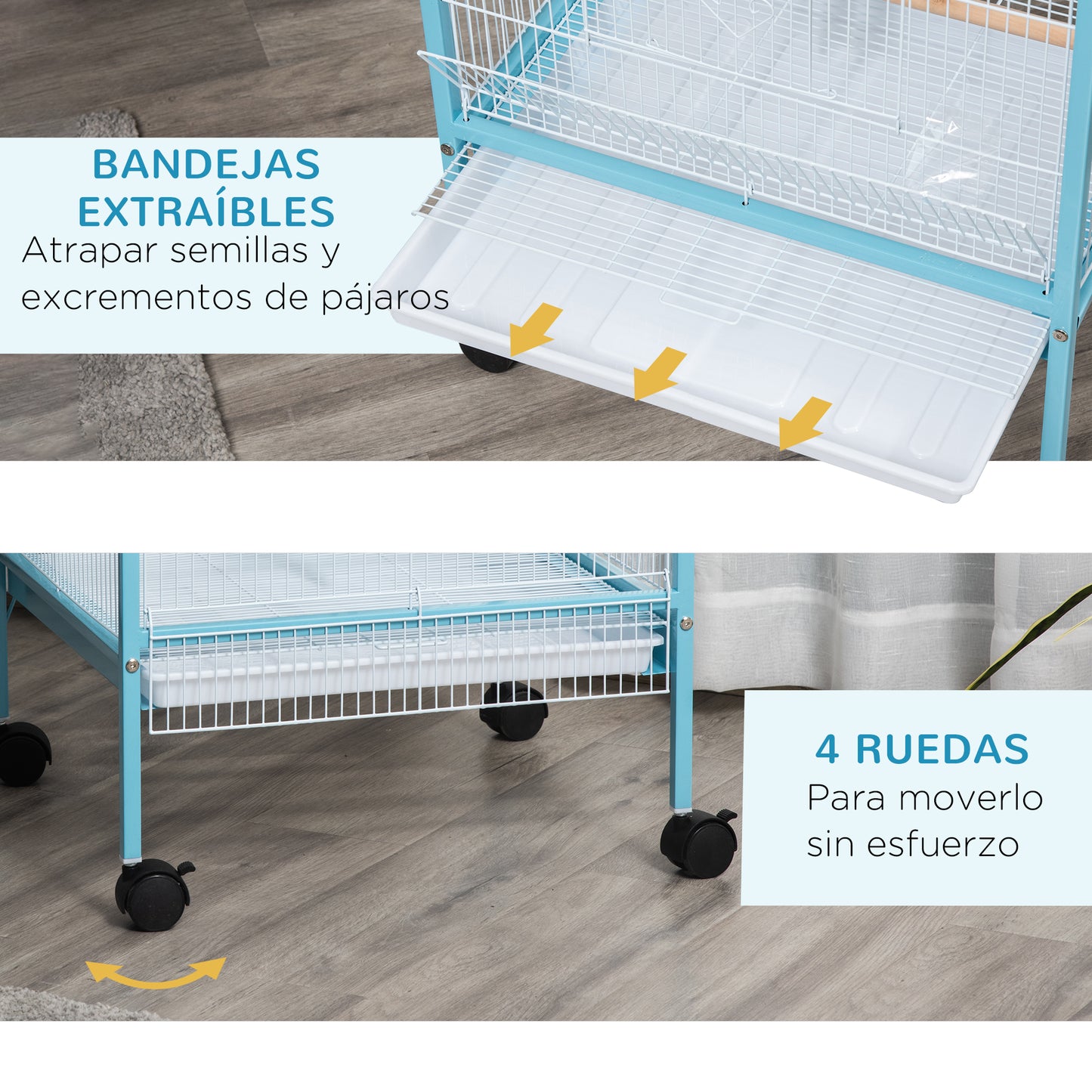 Pawhut Jaula Para Pájaros De 2 Niveles Con Ruedas Bandejas Extraíbles Azul_5