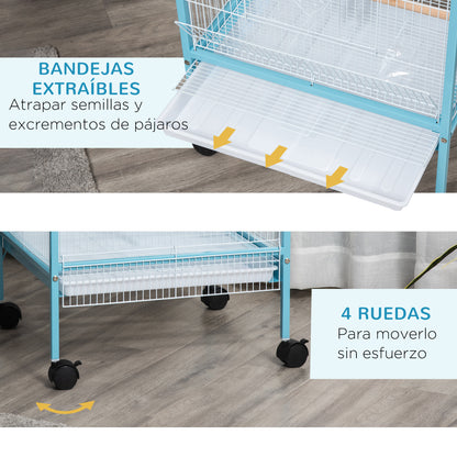 Pawhut Jaula Para Pájaros De 2 Niveles Con Ruedas Bandejas Extraíbles Azul_5