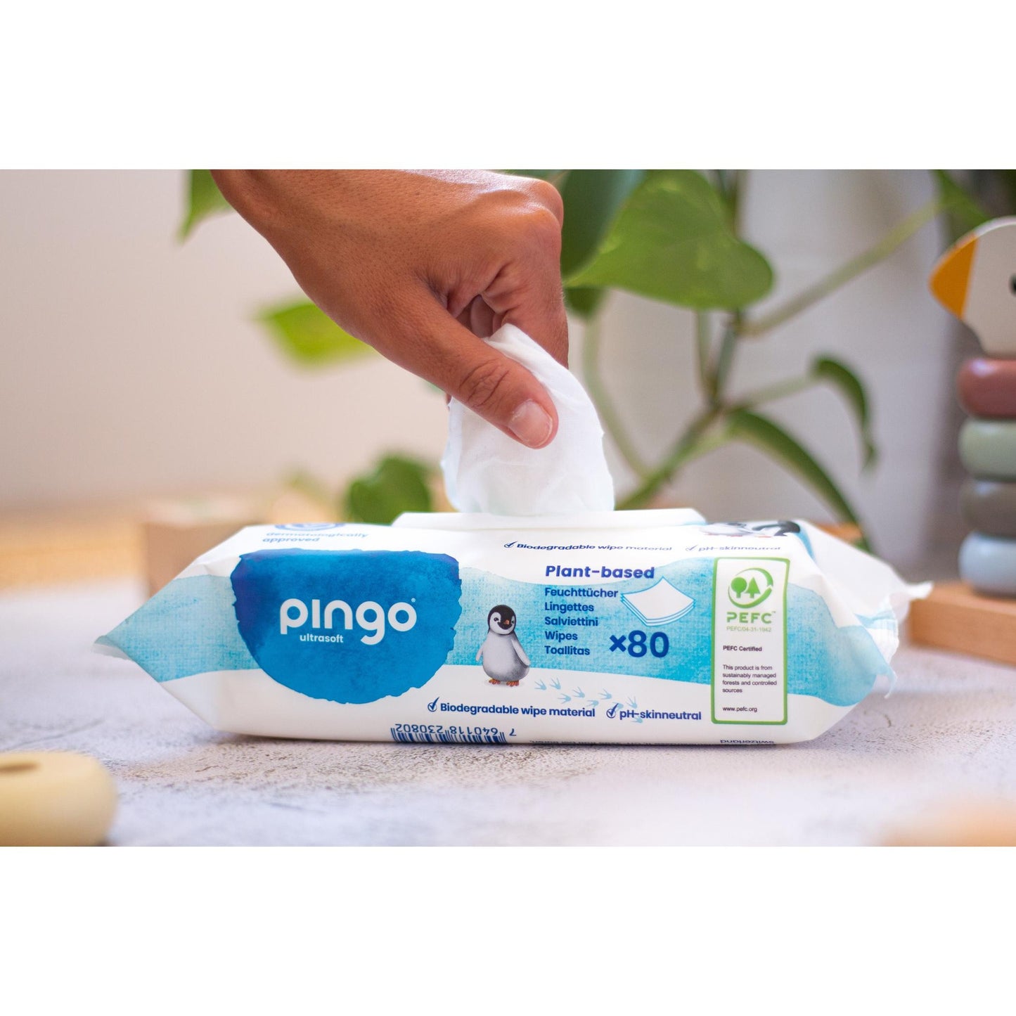 Pack 12 x Toallitas húmedas de bebé 100% biodegradables Pingo 80 uds
