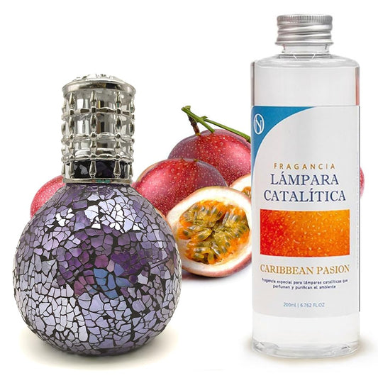 Lámpara Catalítica Mosaico Azul Océano + Fragancia Aroma Caribbean Passion 200ml - Elimina Malos Olores Y Perfuma_0