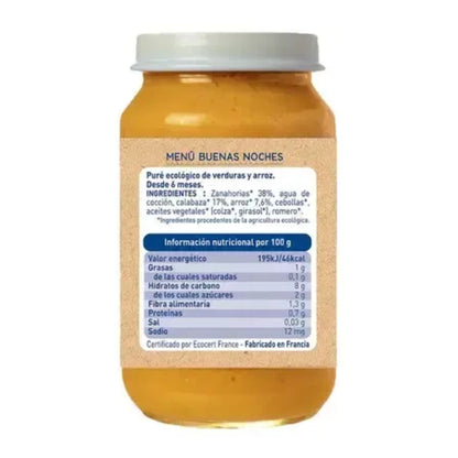 Tarrito Buenas Noches Zanahoria, Calabaza y Arroz, Babybio 200 g