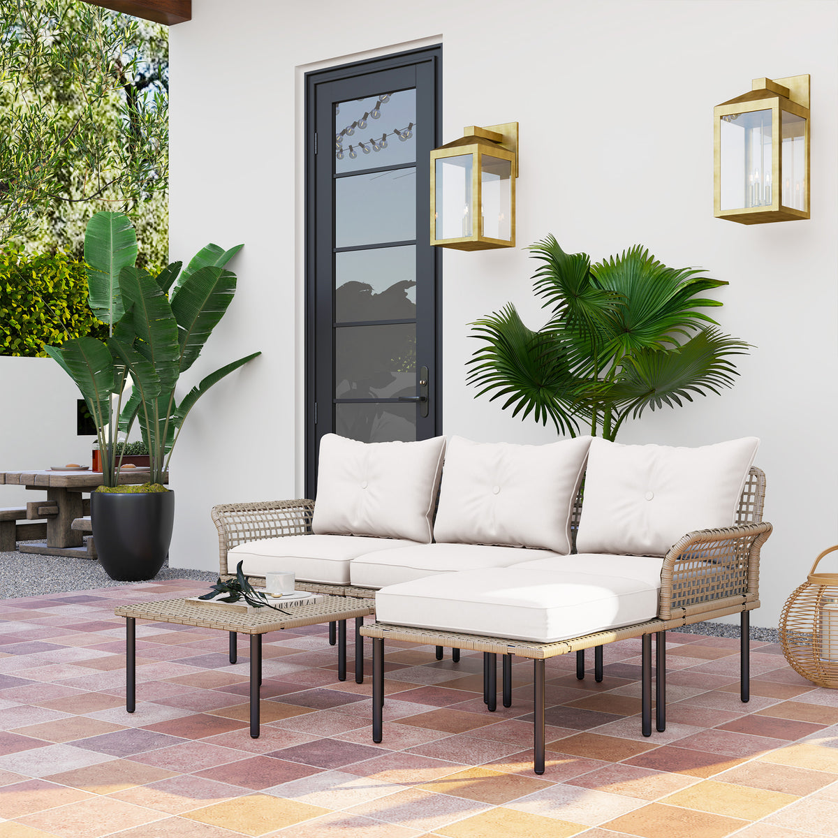 Outsunny Conjunto De Jardín De Ratán Sintético De 5 Piezas Crema_1