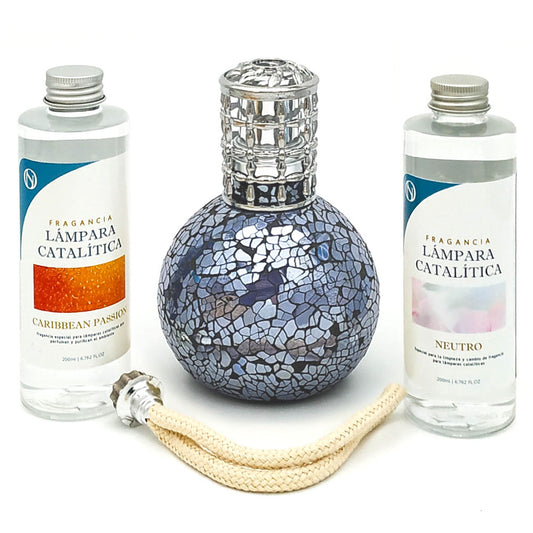 Pack Lámpara Catalítica Mosaico Azul Océano + Fragancia Caribbean Passion 200ml + Limpiador 200ml + Mecha De Repuesto_0