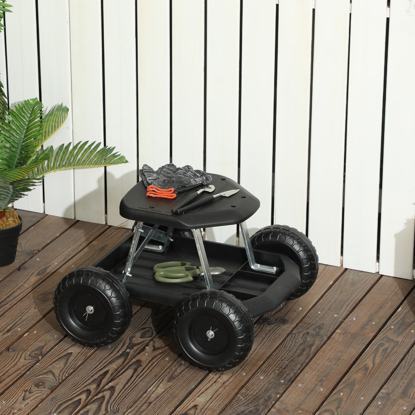 Asiento De Jardín Con Ruedas Con Bandeja De Herramientas Para Exterior Negro_1