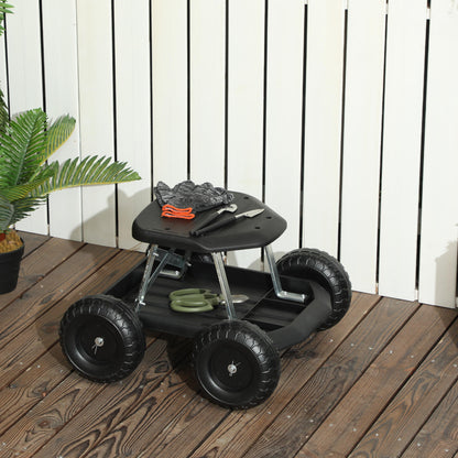 Asiento De Jardín Con Ruedas Con Bandeja De Herramientas Para Exterior Negro_1