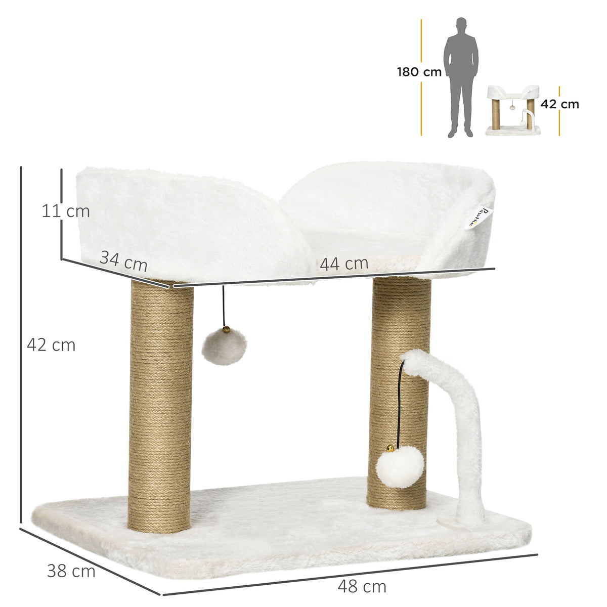 Pawhut Árbol Rascador Para Gatos Pequeños Altura 42 Cm 48x38x42 Cm Blanco_2