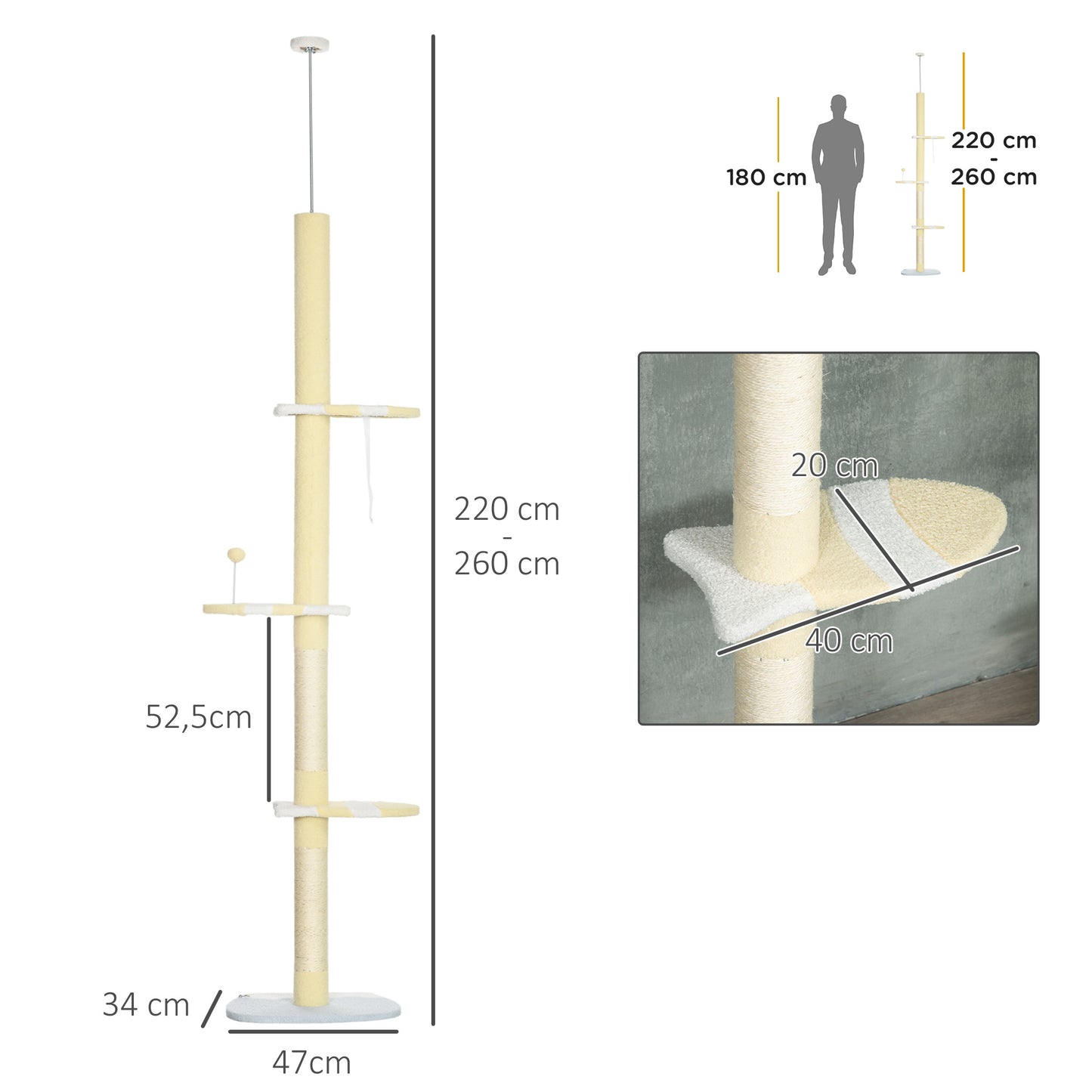 Pawhut Árbol Para Gatos Del Suelo Al Techo 220-260 Cm Con 3 Plataformas Y Bola_2