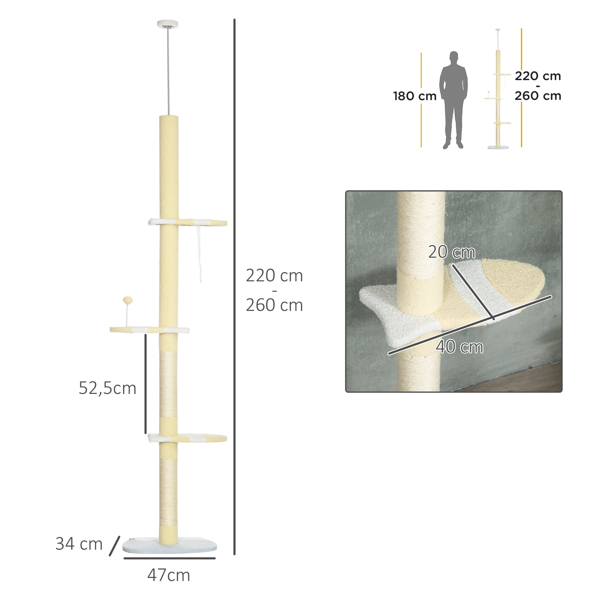 Pawhut Árbol Para Gatos Del Suelo Al Techo 220-260 Cm Con 3 Plataformas Y Bola_2
