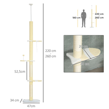 Pawhut Árbol Para Gatos Del Suelo Al Techo 220-260 Cm Con 3 Plataformas Y Bola_2