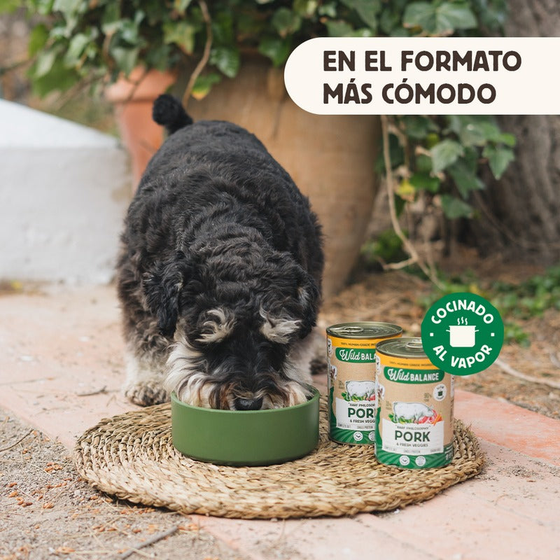 Pack 6x Cerdo y verduras BARF para perros 400 g + Regalos: Tapa reutilizable para latas, Wild Balance