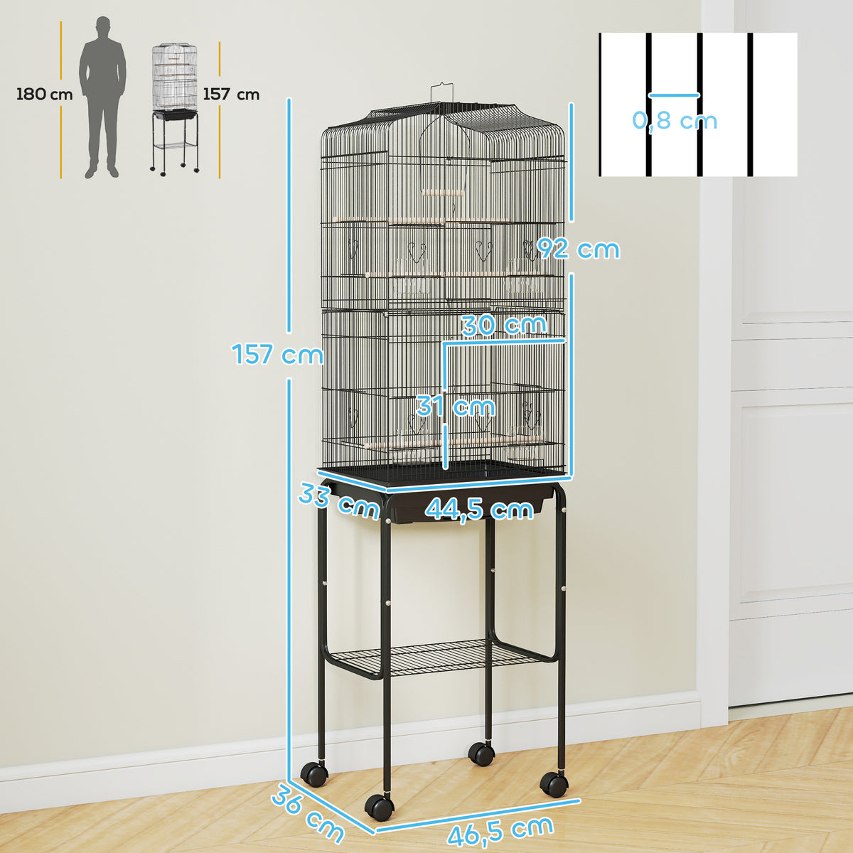 Pawhut Jaula Para Pájaros Con Soporte 4 Ruedas Y Comederos 46,5x36x157 Cm Negro_2
