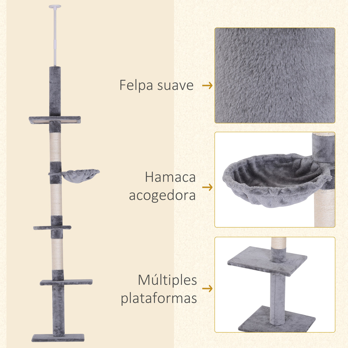 Pawhut Árbol Para Gatos De Suelo Al Techo De 230-260 Cm Con Plataformas Gris_5