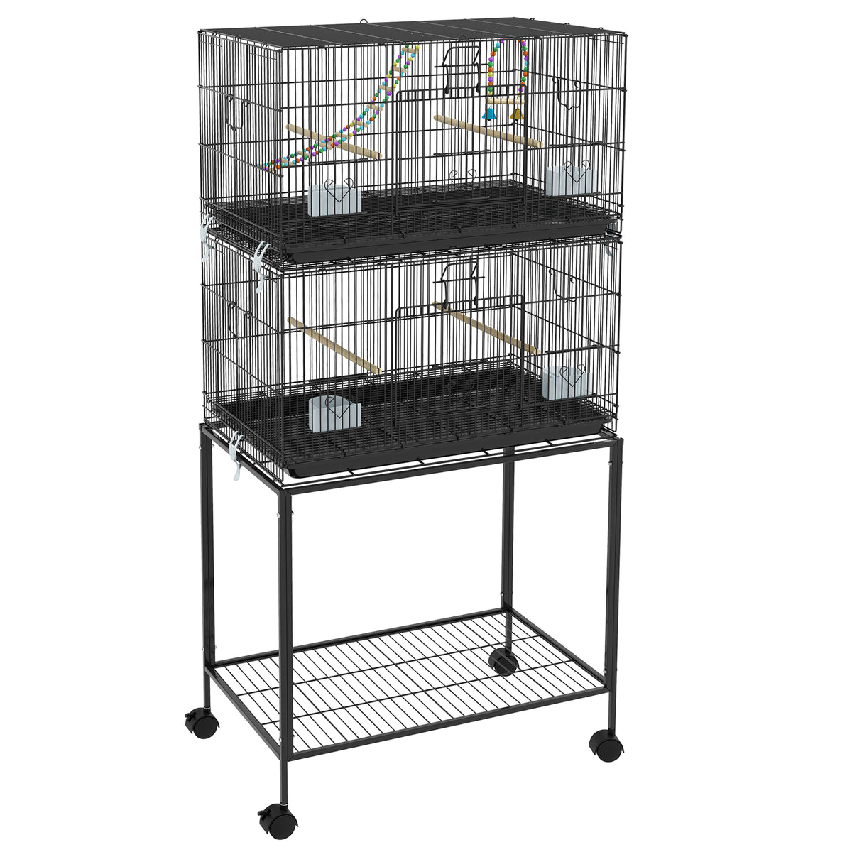 Pawhut Jaula Para Pájaros Doble Apilable 77x46x164 Cm Con Ruedas Negro_0