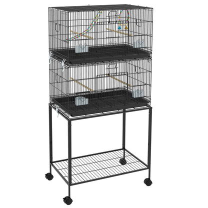 Pawhut Jaula Para Pájaros Doble Apilable 77x46x164 Cm Con Ruedas Negro_0
