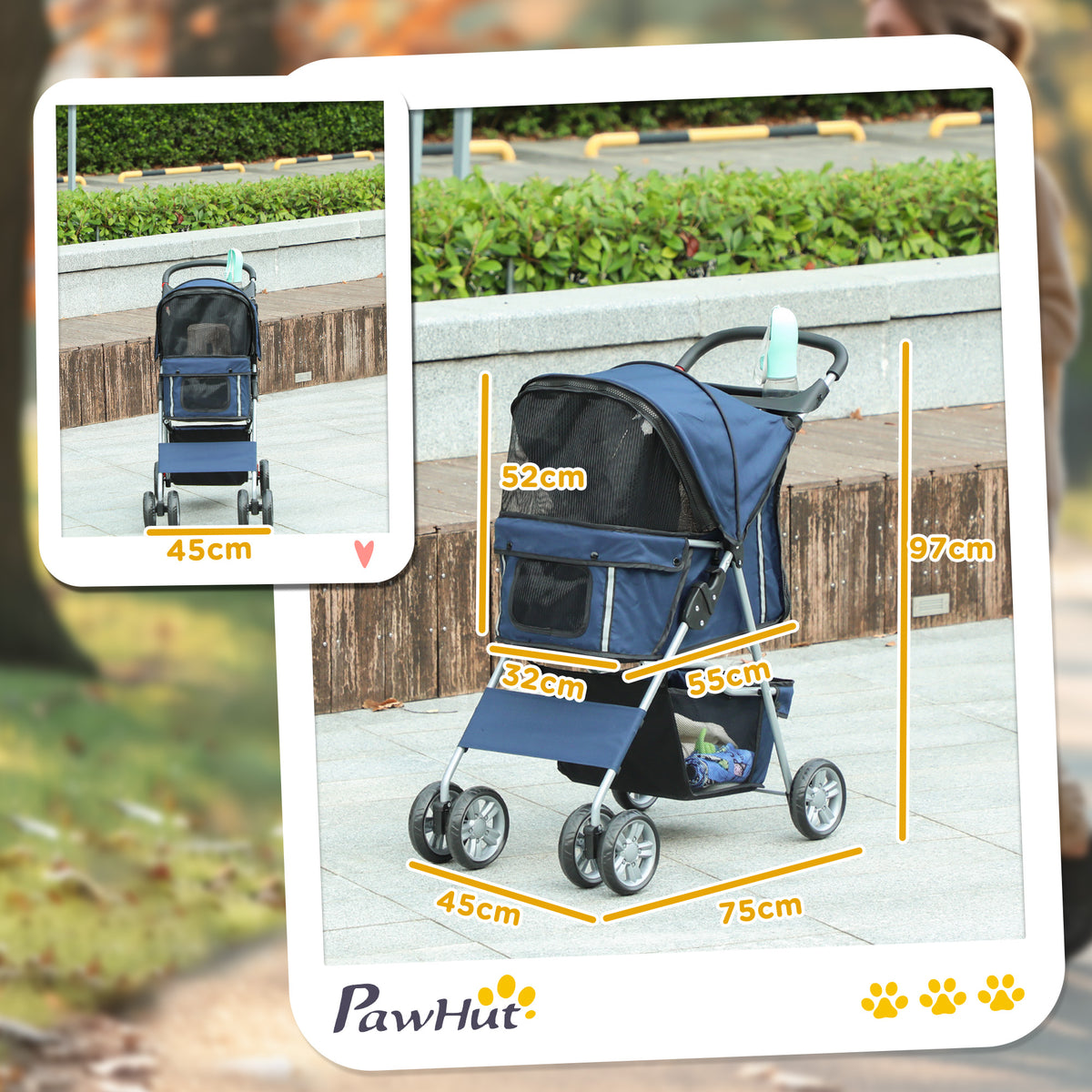 Pawhut Carrito Para Perros Plegable Con Toldo Ajustable 75x45x97 Cm Azul_2
